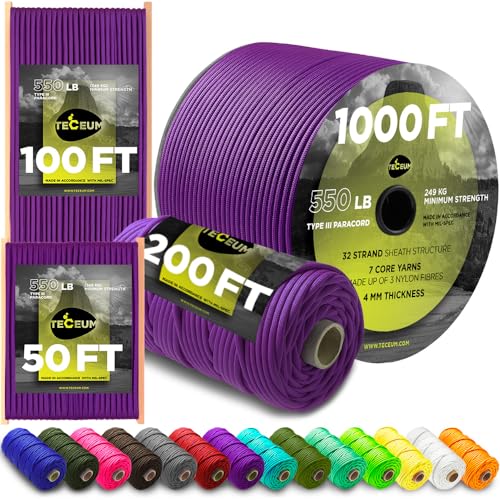 TECEUM Paracord Type III 550 Lila (Purple) – 30 m – 4mm – Taktisches Seil – Outdoor-Paracord – Für Camping & Wandern – EDC-Fallschirmseil – Robustes Überlebensseil (100 ft) 026 von TECEUM