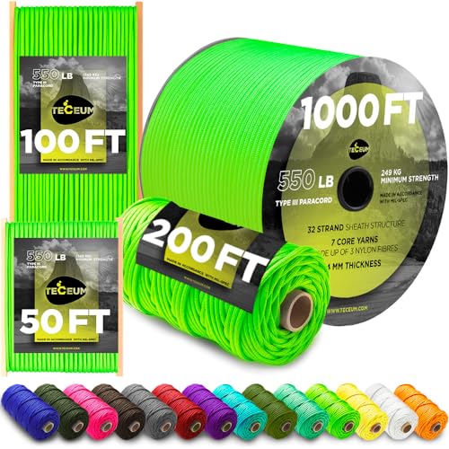 TECEUM Paracord Type III 550 Neongrün (Neon Green) – 30 m – 4mm – Taktisches Seil – Outdoor-Paracord – Für Camping & Wandern – EDC-Fallschirmseil – Robustes Überlebensseil (100 ft) 462 von TECEUM