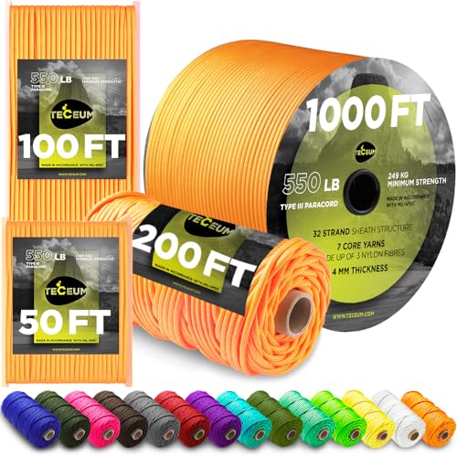 TECEUM Paracord Type III 550 Orange (Orange) – 30 m – 4mm – Taktisches Seil – Outdoor-Paracord – Für Camping & Wandern – EDC-Fallschirmseil – Robustes Überlebensseil (100 ft) 045 von TECEUM