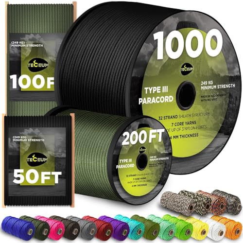 TECEUM Paracord Type III 550 Schwarz (Black) – 15 m – 4mm – Taktisches Seil – Outdoor-Paracord – Für Camping & Wandern – EDC-Fallschirmseil – Robustes Überlebensseil (50 ft) 016 von TECEUM