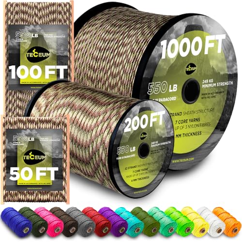 TECEUM Paracord Type III 550 Tarnmuster (Camo) – 30 m – 4mm – Taktisches Seil – Outdoor-Paracord – Für Camping & Wandern – EDC-Fallschirmseil – Robustes Überlebensseil (100 ft) 788 von TECEUM