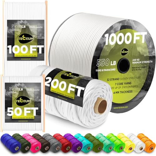 TECEUM Paracord Type III 550 Weiß (White) – 15 m – 4mm – Taktisches Seil – Outdoor-Paracord – Für Camping & Wandern – EDC-Fallschirmseil – Robustes Überlebensseil (50 ft) 007 von TECEUM