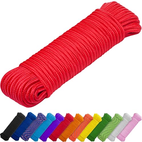 TECEUM Seil– 27.5m x 6mm (1/4 Inch) – Rot - Starkes Allzweckseil - Camping, Basteln, Fahnenmast, drinnen und draußen - Polypropylen Nylon Poly Leichtgewicht Diamant geflochtene Schnur von TECEUM