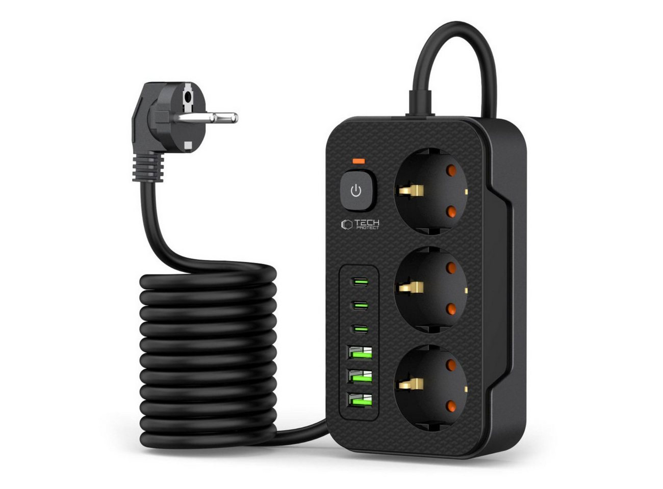 TECH PROTECT PC3X6 Steckdosenleiste (3 Steckdosen, 3x USB-A, 3x USB-C, 200 cm Kabel, Schalter mit LED-Anzeige), 9-in-1 Steckdosenleiste mit USB-A und USB-C Ladeanschlüssen von TECH PROTECT