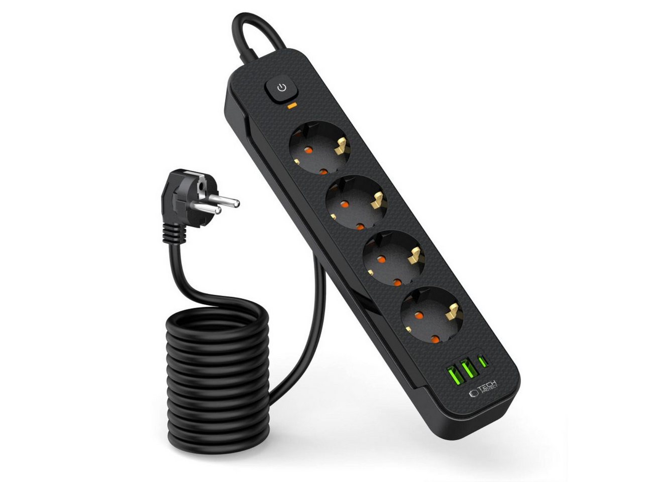 TECH PROTECT PCL4X3 Steckdosenleiste (4 Schutzkontakt-Steckdosen, 2 USB-A-Anschlüsse, 1 USB-C-Anschluss, Ein-/Ausschalter, 200 cm Netzkabel), Multifunktionale Steckdosenleiste mit 3 USB-Anschlüssen von TECH PROTECT