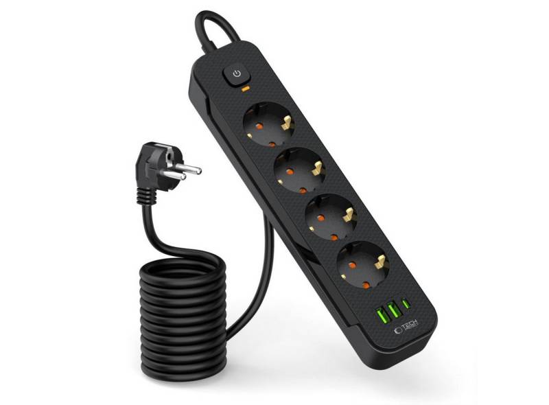 TECH PROTECT PCL4X3 Steckdosenleiste (4 Schutzkontakt-Steckdosen, 2 USB-A-Anschlüsse, 1 USB-C-Anschluss, Ein-/Ausschalter, 200 cm Netzkabel), Multifunktionale Steckdosenleiste mit 3 USB-Anschlüssen von TECH PROTECT