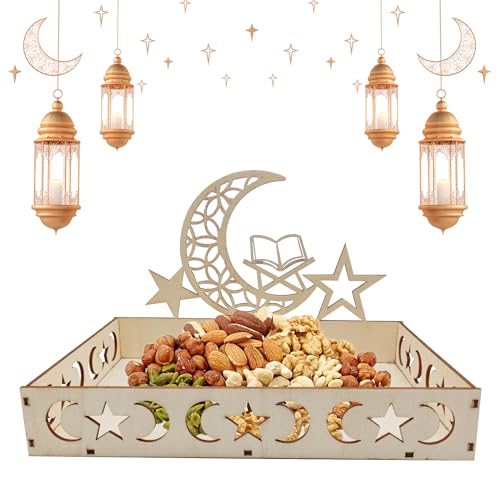 TECHEEL Ramadan Teller,Eid Mubarak Tablett Holztablett Tischdeko für Dessertsnacks Serviertablett mit Mond und Stern Muster Ramazan Deko für Süßigkeiten Kuchen Kekse, für Eid Tischdekoration (A) von TECHEEL