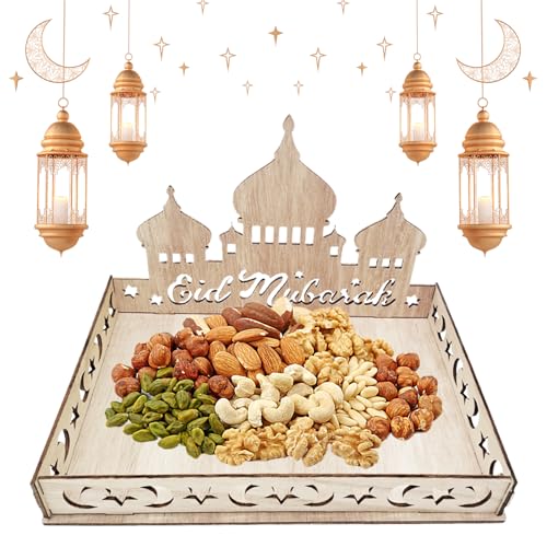 TECHEEL Ramadan Teller,Eid Mubarak Tablett Holztablett Tischdeko für Dessertsnacks Serviertablett mit Mond und Stern Muster Ramazan Deko für Süßigkeiten Kuchen Kekse, für Eid Tischdekoration (C) von TECHEEL