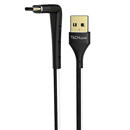 TECHGEAR 2 Meter USB C kabel 90 Grad Rechter Winkel Schnellladekabel mit Ständer passt Huawei P30, P20, Moto, Samsung S24,S23,S22,S21 FE, A15, A14, A24, A25, Pixel 8, OnePlus 10 usw, Schwarz von TECHGEAR