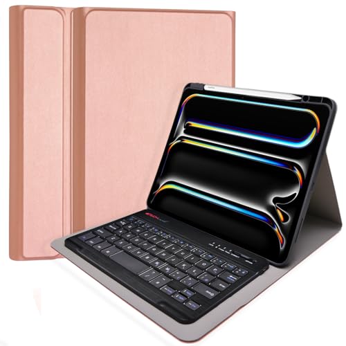 TECHGEAR Strike Folio-Tastaturhülle für Apple iPad Pro 13 Zoll (M4) 2024 [Strike Folio] Schutzhülle aus PU-Leder mit abnehmbarer Bluetooth-kabelloser UK-QWERTY-Tastatur und Ständer (Roségold) von TECHGEAR
