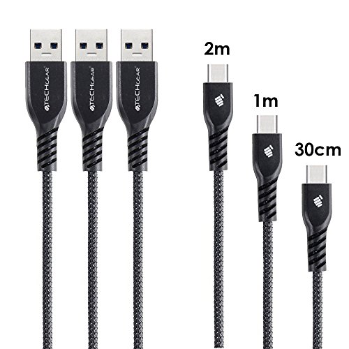TECHGEAR USB C Kabel USB Typ C [3 Kabel] Nylon geflochtene Schnur Ladekabel, Synchronisation Kabel für Samsung Tab A8 10,5 Tab S8, Tab Active Pro, Tab S7/S6 Lite/S7 FE, Lenovo Tab M10 HD, Schwarz von TECHGEAR