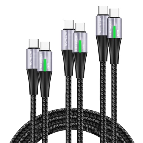 TECHGEAR USB C auf USB C Ladekabel, [3 Pack 0.3+1+2m] 100W PD3.0 Typ C Kabel Schnellladung LED Lichtanzeige Telefonkabel für MacBook Pro, iPad Air, iPhone 16 15 Pro Max S25 S24, PS5 Switch usw von TECHGEAR