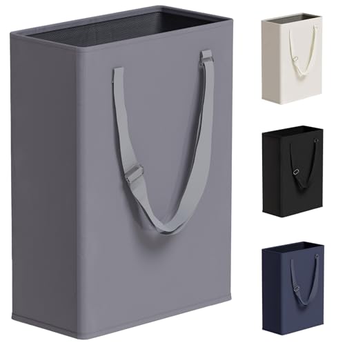 TECHMILLY Schmaler Wäschekorb mit langem Griff, 61 cm schmaler Wäschekorb, 45 l kleiner Platz-Aufbewahrungsbehälter für Schlafzimmer, Schrank, Badezimmer – Grau von TECHMILLY