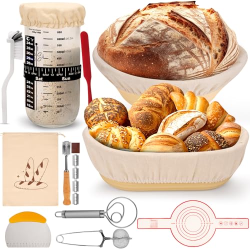 16-Teiliges Sauerteig Starter Set,Klappbare Silikongärkörbe rund und oval，Gärkörbchen Set mit Sauerteig Glas - ideal für Professionelle und Häusliche Bäcker Brotbacken von TECHMUR