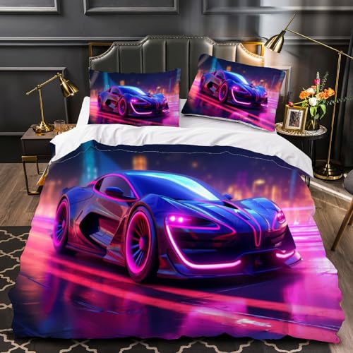 TECHPO Bettwäsche 135x200 Sportwagen 3D Motiv Bettbezug Mit Reißverschluss Weiche Mikrofaser Auto Bettwäsche-Set Bettbezüge Mit 2 Kissenbezug 80x80 cm Für Kinder Junge Mädchen von TECHPO