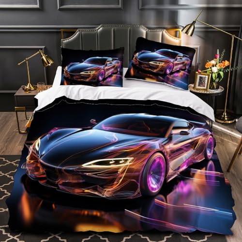 TECHPO Bettwäsche 135x200 Sportwagen 3D Motiv Bettbezug Mit Reißverschluss Weiche Mikrofaser Kreatives Auto Bettwäsche-Set Bettbezüge Mit 2 Kissenbezug 80x80 cm Für Kinder Junge Mädchen von TECHPO