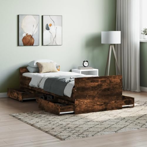 TECHPO Furniture Home Tools Bettrahmen mit Kopfteil und Fußteil aus geräucherter Eiche, 75x190 cm, kleines Einzelbett von TECHPO