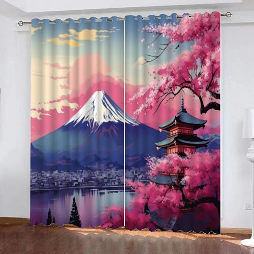 TECHPO Verdunklungsvorhänge Berg Fuji 3D-Digitaldruck-Verdunkelungsvorhänge mit Ösen Schöne Landschaft Perforierte Vorhänge aus Polyester, Wohnzimmer, Schlafzimmer, 2er-Set 91.5x214cm (BxH) von TECHPO