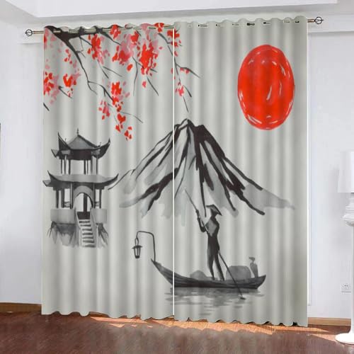 TECHPO Vorhang Blickdicht Gardinen Mit Ösen Berg Fuji Perforierte Vorhänge aus Polyester, Wohnzimmer, Schlafzimmer, 2er-Set 75x166cm Schöne Landschaft 3D-Digitaldruck-Verdunkelungsvorhänge von TECHPO