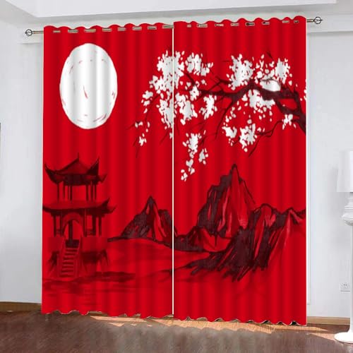 TECHPO Vorhang Blickdicht Gardinen Mit Ösen Japanisches Rot Perforierte Vorhänge aus Polyester, Wohnzimmer, Schlafzimmer, 2er-Set 75x166cm Schöne Landschaft 3D-Digitaldruck-Verdunkelungsvorhänge von TECHPO