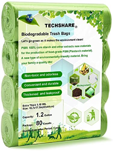 Biomüllbeutel 5L, Kompostierbare Müllbeutel 80 Zählungen, Dicker Abbaubarer Müllsack Für Haushalts-/Gartenabfälle in Küche-/Büro(Grün) von TECHSHARE