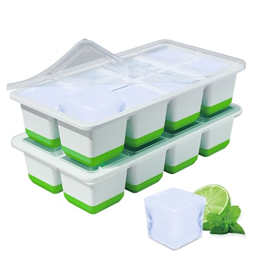 Eiswürfelform Groß, 2 Pack Große Eiswürfelbehälter mit Deckel, Leichtes Lösen, BPA-Freie Silikon Eiswürfelformen, 4,5cm Eiswürfel xxl für Whiskey, Cocktails und Getränke (Grün Silicone Ice Cube Tray) von TECHSHARE