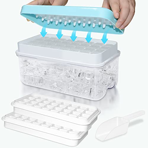 Eiswürfelbehälter, lebensmittelechte Eiswürfelform mit Deckel, Alle Eiswürfel in einer Sekunde freigeben, wiederverwendbare 64 Ice Cube Tray (Blau) von TECHSHARE