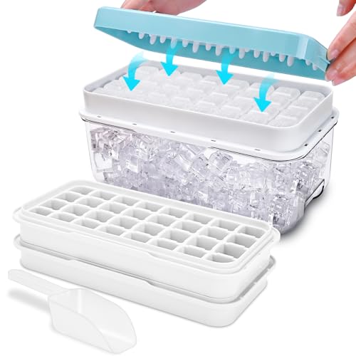 Eiswürfelbehälter, lebensmittelechte Eiswürfelform mit Deckel und Behälter, Alle Eiswürfel in einer Sekunde freigeben, 64 Stück Eiswürfel(Blau Ice Cube Tray) von TECHSHARE