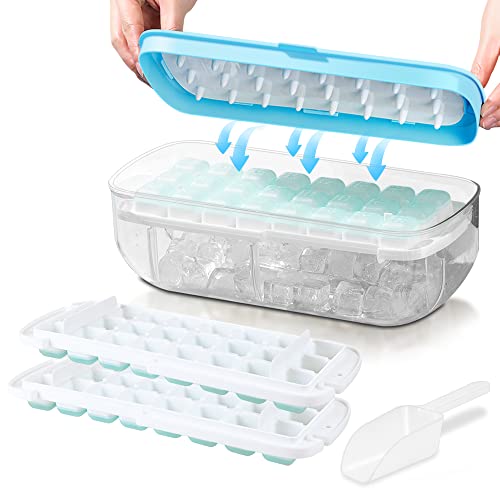 Eiswürfelbehälter mit Deckel, lebensmittelechte Silikon Eiswürfelform, alle Eiswürfel in einer Sekunde freigeben, wiederverwendbare 48 Ice Cube Tray (Blau) von TECHSHARE