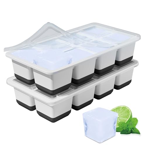 Eiswürfelform Groß, 2 Pack Große Eiswürfelbehälter mit Deckel, BPA-Freie Silikon Eiswürfelformen, 4,5cm Eiswürfel xxl für Whiskey, Cocktails und Getränke (Schwarz Silicone Ice Cube Tray) von TECHSHARE