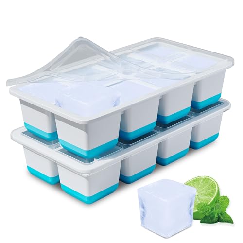 Eiswürfelform Groß, 2 Pack Große Eiswürfelbehälter mit Deckel, Leichtes Lösen, BPA-Freie Silikon Eiswürfelformen, 4,5cm Eiswürfel xxl für Whiskey, Cocktails und Getränke (Blau Silicone Ice Cube Tray) von TECHSHARE