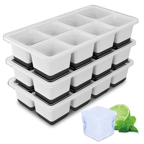 Eiswürfelform Groß, 3 Pack Große Eiswürfelbehälter mit Deckel, BPA-Freie Silikon Eiswürfelformen, 4,5cm Eiswürfel xxl für Whiskey, Cocktails und Getränke (Schwarz Silicone Ice Cube Tray) von TECHSHARE