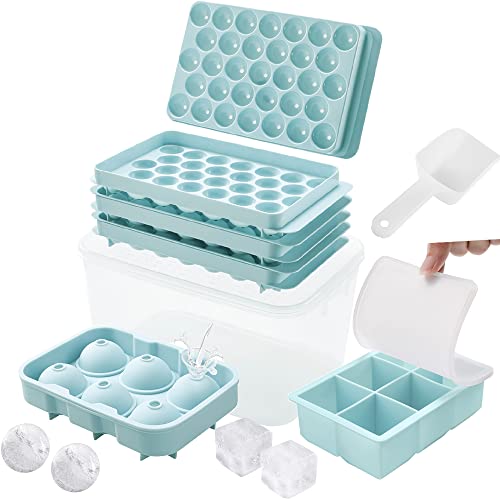Eiswürfelform Silikon, Eiswürfelform Kugel für Gefrierschrank, Stapelbare Eiswürfelbehälter mit Deckel, Runde Eiswürfelform mit Eiswürfelbox (Blau Ice Cube Tray) von TECHSHARE