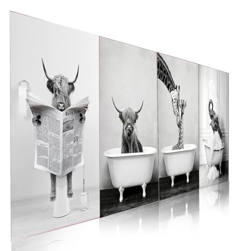 TECKI 4 Stucks Leinwand Poster Rahmenloses (20x30cm) - Bad Deko, Schwarz Weiß Bilder Elefant Kuh Giraffe von TECKI