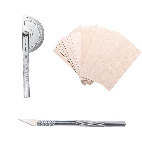 TECKI Holzplatten zum Basteln Set –12* Paulownia Bastelholz Holzplatte (200*100*1mm) + 1*180°Winkelmesser + 1* Taschenmesser zum Schnitzen von TECKI