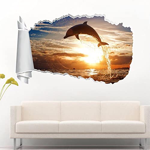 Wandtattoo Rissig DIY Fototapete Delfin Sonnenuntergang 3D Zerrissenes Loch Zerrissener Wandaufkleber Aufkleber Dekor Wandbild Kunst Fisch 70x100CM von TECKI