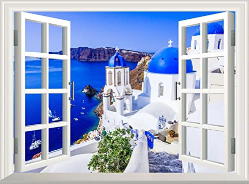 Wandtattoo Rissig DIY Fototapete Santorini 3D-Effekt, Fensteransicht, Wandaufkleber, Aufkleber, Poster, Vinyl, Wandbild, Kunst, Griechenland 70x100CM von TECKI