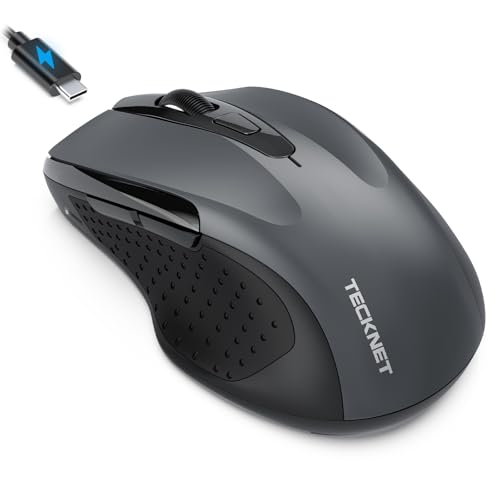 TECKNET Bluetooth Maus mit Jiggler, Wiederaufladbare Maus Kabellos(DREI Modi: BT 5.0/3.0 + 2.4G), 4800 DPI, Ergonomische Leise Funkmaus für Laptops, Mac OS, Android, Windows, Grau von TECKNET
