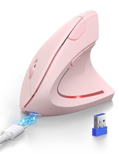 TECKNET Ergonomische Bluetooth Maus, Wiederaufladbar Kabellose Vertikale Maus (BT 5.0/3.0 + 2.4G), 6 Einstellstufen bis 4800 DPI, Optische Leise funkmaus für Windows, MacOS, Android, iPadOS, Pink von TECKNET