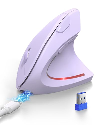 TECKNET Ergonomische Bluetooth Maus, Wiederaufladbar Kabellose Vertikale Maus (BT 5.0/3.0 + 2.4G), 6 Einstellstufen bis 4800 DPI, Optische Leise funkmaus für Windows, MacOS, Android, iPadOS, Helllila von TECKNET