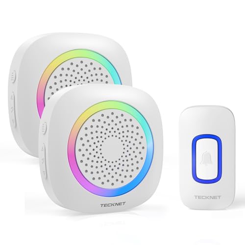 TECKNET Funkklingel, Funkklingel Aussen Wasserdicht 2 Empfänger Mit RGB Licht, 60 Melodien, IP66 Funk Klingel Set, 400m Kabellose Türklingel Batteriebetrieben Kit mit 4,5 Jahre Lebensdauer von TECKNET