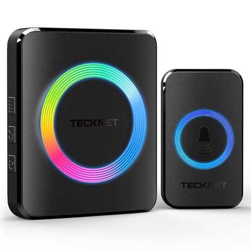 TECKNET Funkklingel, Kabellose Türklingel Funk Set 400m Reichweite, IP65 Aussen Wasserdicht Haustür Klingel mit 1 Plug-In-Empfänger und 1 Sender, Ring doorbell und Klingelknopf Mit LED-Blitz von TECKNET