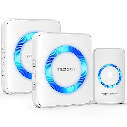TECKNET Funkklingel, Kabellose Türklingel Funk Set 400m Reichweite, IP65 Aussen Wasserdicht Haustür Klingel mit 2 Plug-In-Empfänger und 1 Sender, Ring doorbell und Klingelknopf Mit LED-Blitz von TECKNET