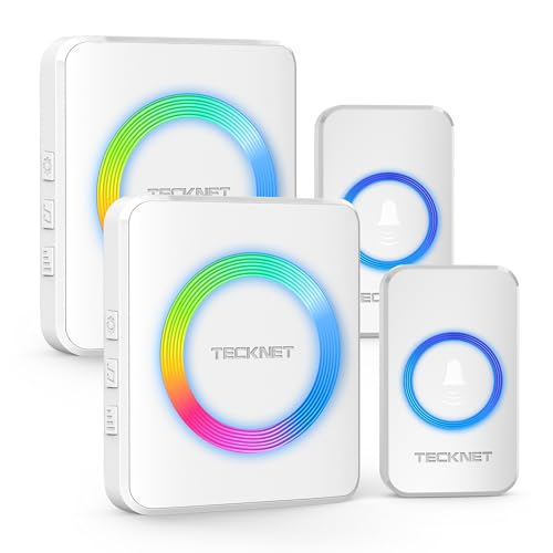 TECKNET Funkklingel, Kabellose Türklingel Funk Set 400m Reichweite, IP65 Aussen Wasserdicht Haustür Klingel mit 2 Plug-In-Empfänger und 2 Sender, Ring doorbell und Klingelknopf Mit RGB-Blitz von TECKNET