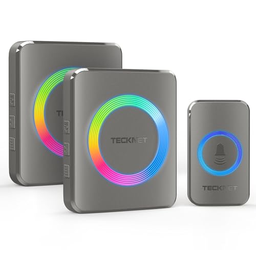 TECKNET Funkklingel, Kabellose Türklingel Funk Set 500m Reichweite, IP65 Aussen Wasserdicht Haustür Klingel mit 2 Plug-In-Empfänger und 1 Sender, Ring doorbell und Klingelknopf Mit LED-Blitz von TECKNET