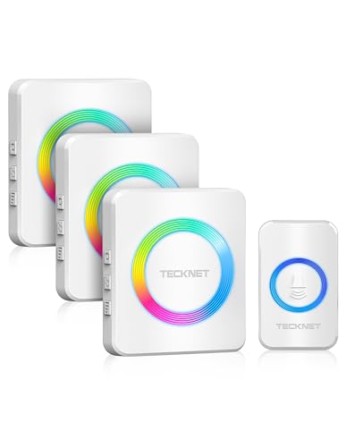 TECKNET Funkklingel, Kabellose Türklingel IP65 Wasserdicht Außen Funkklingel, 400m Reichweite, Funk klingel Set mit 3 Plug-In-Empfänger und 1 Sender, Haustür Klingel mit 60 Melodien und RGB Licht von TECKNET