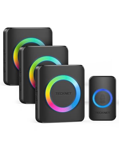 TECKNET Funkklingel, Kabellose Türklingel IP65 Wasserdicht Außen Funkklingel, 400m Reichweite, Funk klingel Set mit 3 Plug-In-Empfänger und 1 Sender, Haustür Klingel mit 60 Melodien und RGB Licht von TECKNET