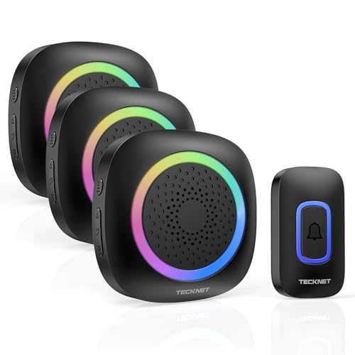 TECKNET Funkklingel, Kabellose Türklingel mit RGB Licht, IP66 Wasserdicht Außen Funkklingel Batteriebetrieben, 400m Reichweite, 60 Melodien, Funk Klingel Haustür Kit mit 4,5 Jahre Lebensdauer von TECKNET