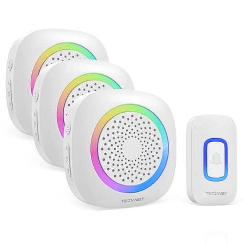 TECKNET Funkklingel, Kabellose Türklingel mit RGB Licht, IP66 Wasserdicht Außen Funkklingel Batteriebetrieben, 400m Reichweite, 60 Melodien, Funk Klingel Haustür Kit mit 4,5 Jahre Lebensdauer von TECKNET
