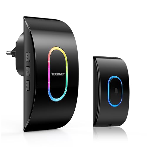 TECKNET Funkklingel, IP65 Wasserdicht Türklingel Funk Set, über 400m Funkreichweite, Funk Türklingel Kit, 60 Melodien, 5 Lautstärkestufen, Türklingel Funk mit RGB-Blitz, Schwarz von TECKNET